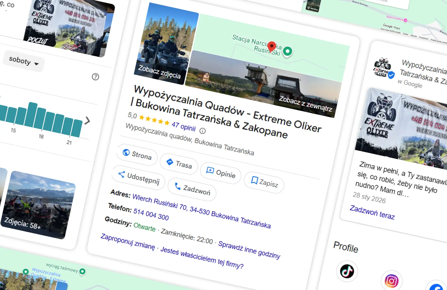 Wizytówka Google firmy Extreme Olixer – wypożyczalnia quadów w Bukowinie Tatrzańskiej, realizacja Webdes