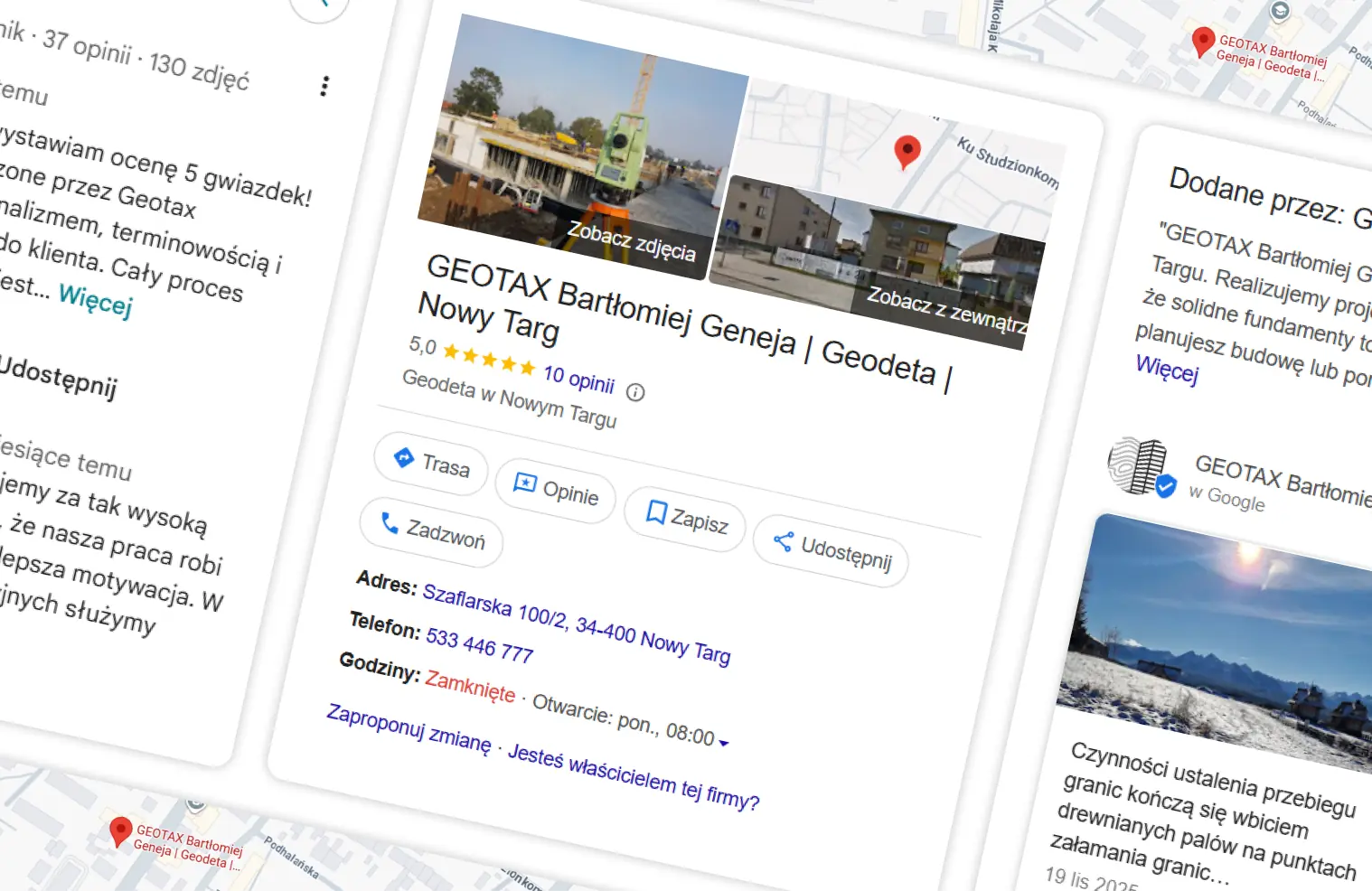 Wizytówka Google firmy GEOTAX – geodeta z Nowego Targu, realizacja Webdes