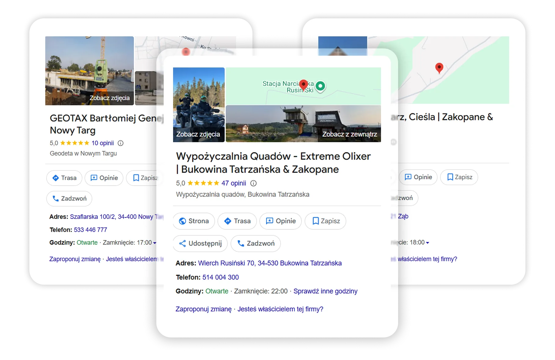 Kolaż zoptymalizowanych wizytówek Google dla lokalnych firm, realizacja Webdes