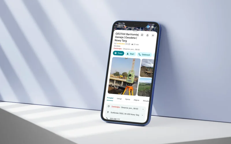 Wizytówka Google firmy GEOTAX – geodeta z Nowego Targu, realizacja Webdes