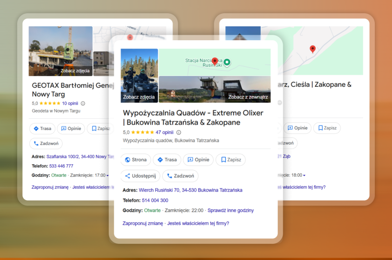 Kolaż wizytówek Google wykonanych dla lokalnych firm z Podhala, realizacja Webdes